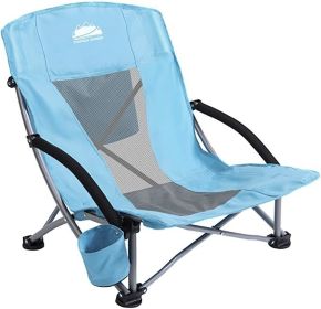 Outdoor Beach Chair Camping Folding Chair for Adults with Cup Holder & Cooler Bag Low Reclining Back Low Seat Beach Chair