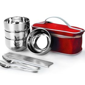 Picnic Tourist Set Outdoor Stainless Steel Tableware Camping Cutlery Chopsticks Spoon Bowls Bag Dinnerware Travel Tools